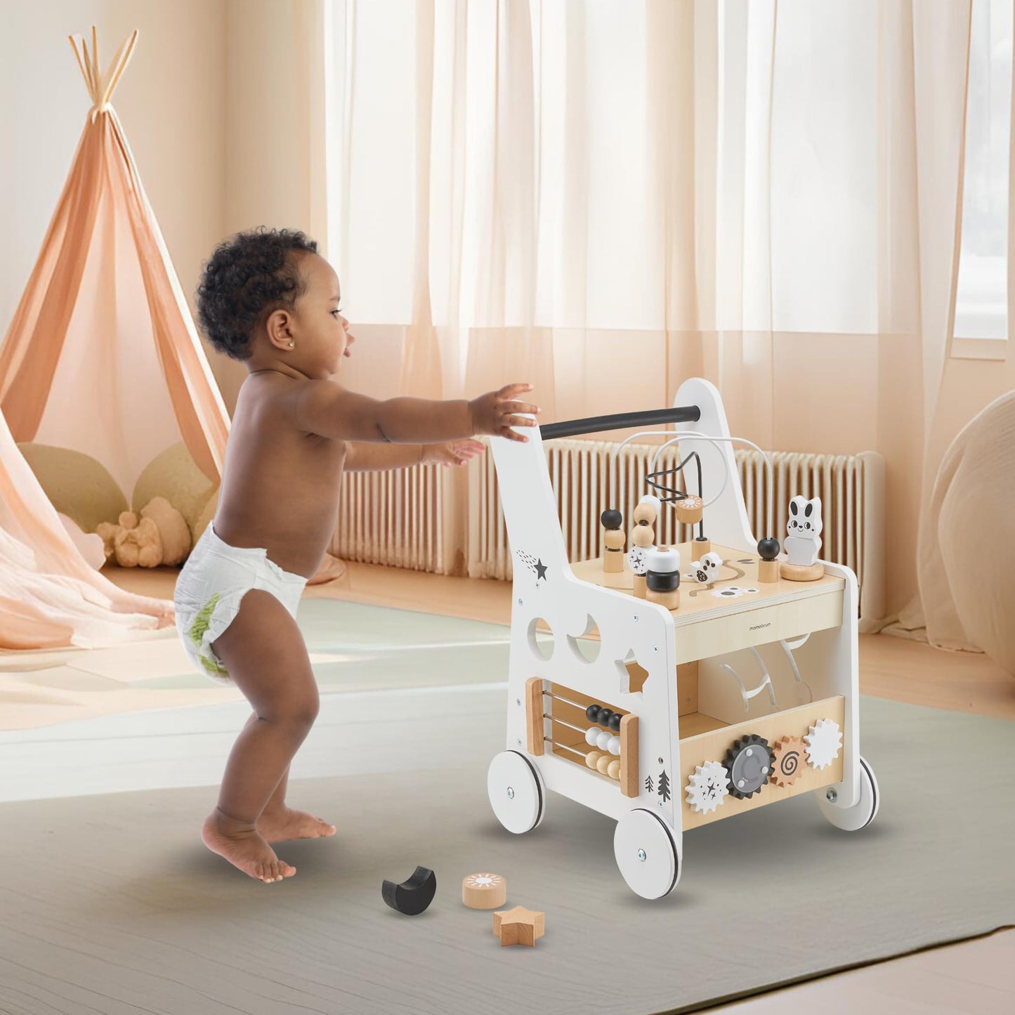 Mamabrum wooden baby walker with wheels, featuring shape sorter, bead mazes, gears, abacus, and stacking blocks for 12+ months.