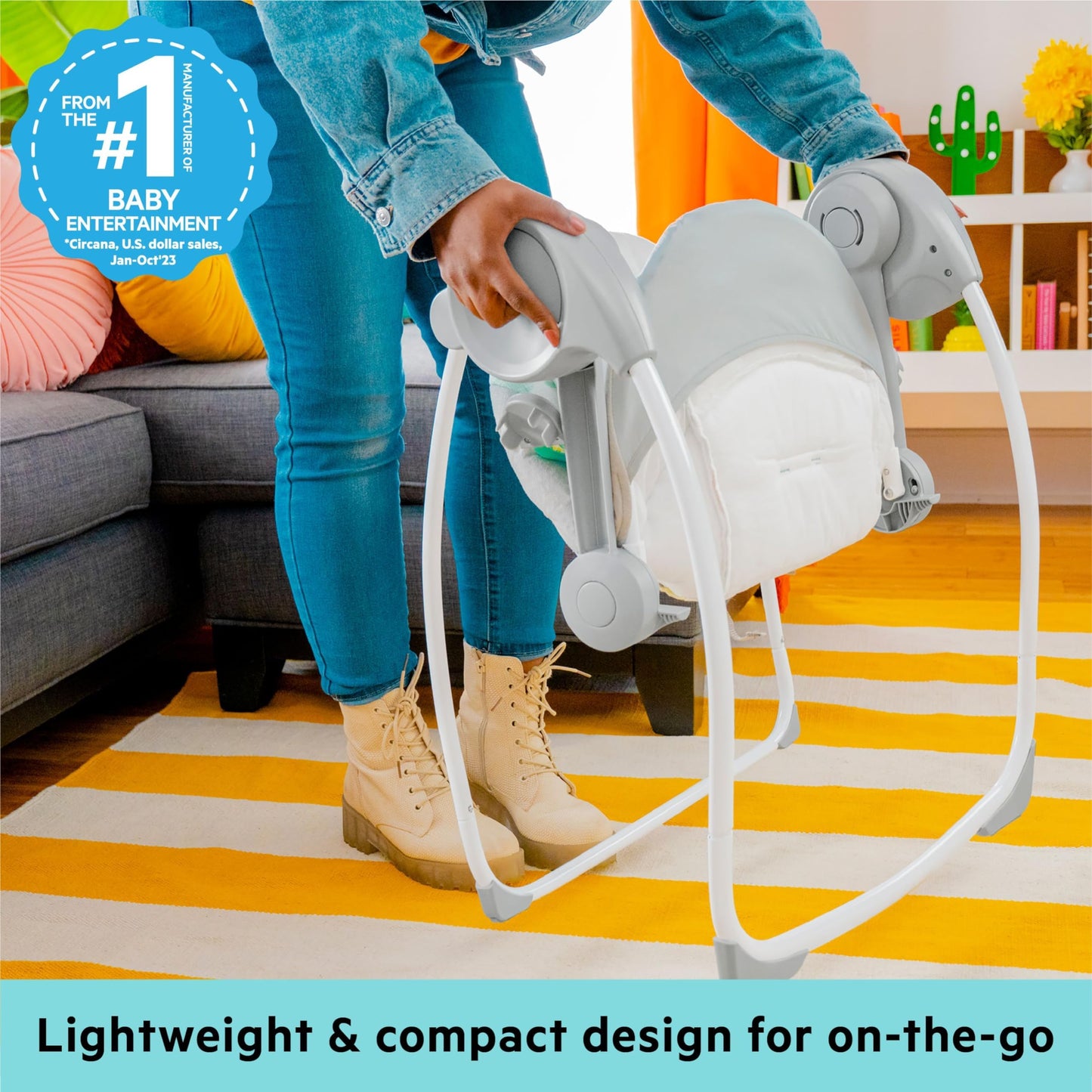 Bright Starts, Whimsical Wild Portable Compact Automatic Baby Swing with Music and Taggies, Removable Toy Bar with 2 Toys, Reclinable, 5 Point Harness, Newborn and up