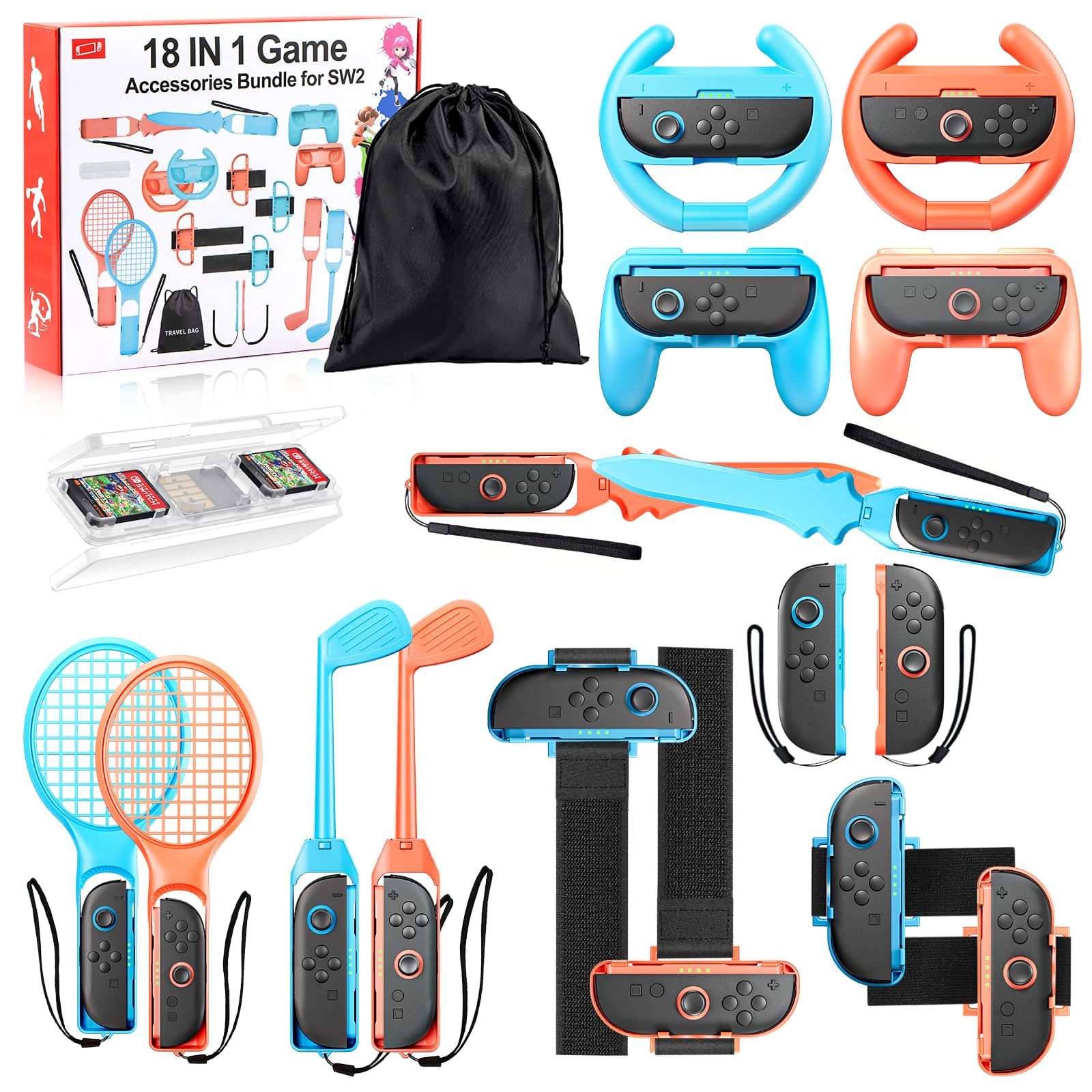 BRHE 18-in-1 Switch sports accessories bundle with game controllers and gear for Nintendo Switch 2 family party games.