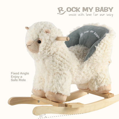 Rock My Baby Plush Rocking Horse - Soft Stuffed Body,Safety Seat Chair, Wooden Rockers, Music Button – Toddler Ride-On Toy for Ages 1–3(beige)