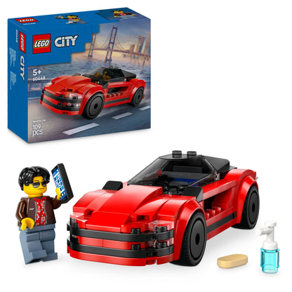 LEGO City red sports car toy with driver minifigure and accessories, designed for kids aged 5 and up.