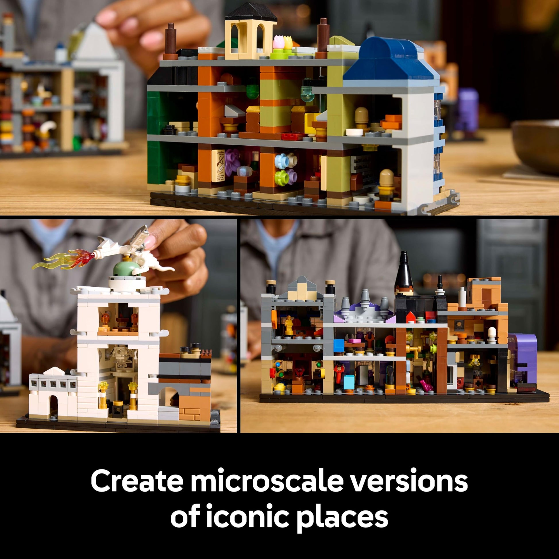 LEGO Harry Potter Diagon Alley set featuring microscale shops and 12 microfigures in a detailed display model.