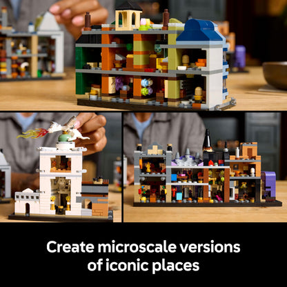LEGO Harry Potter Diagon Alley set featuring microscale shops and 12 microfigures in a detailed display model.