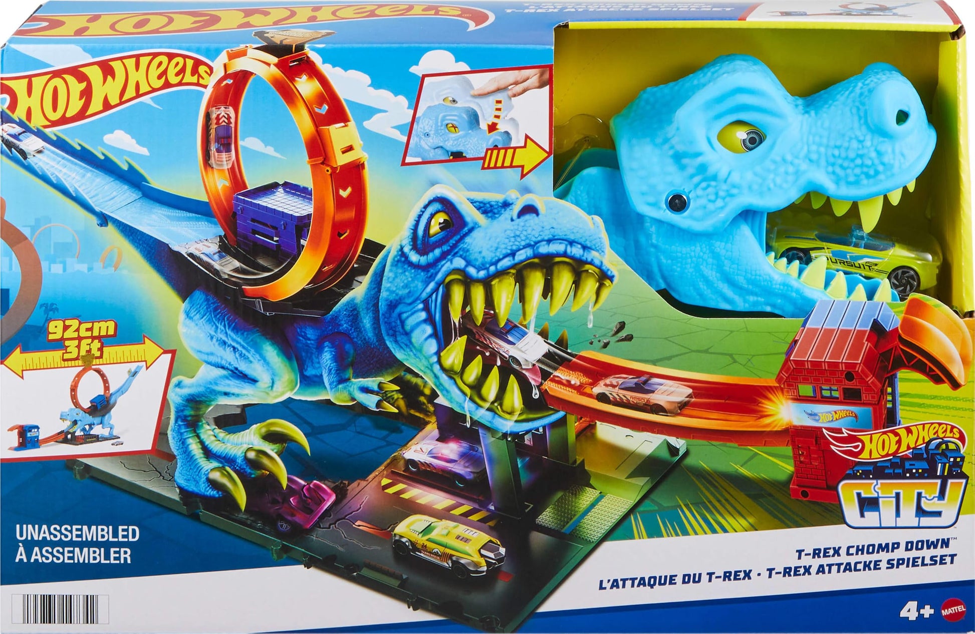 Hot Wheels City Racetrack featuring T-Rex chomp down loop with toy car, designed for kids ages 4 and up.
