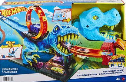 Hot Wheels City Racetrack featuring T-Rex chomp down loop with toy car, designed for kids ages 4 and up.