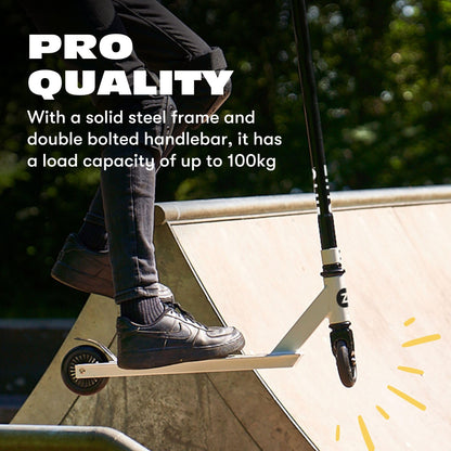 Zinc Backbone Stunt Scooter for Kids Ages 8+ – Lightweight Pro Scooter with 360° Handlebar Spin, Solid Steel Frame, Double Clamp, ABEC 7 Bearings, Rear Brake, Trick Scooters for Boys & Girls, White