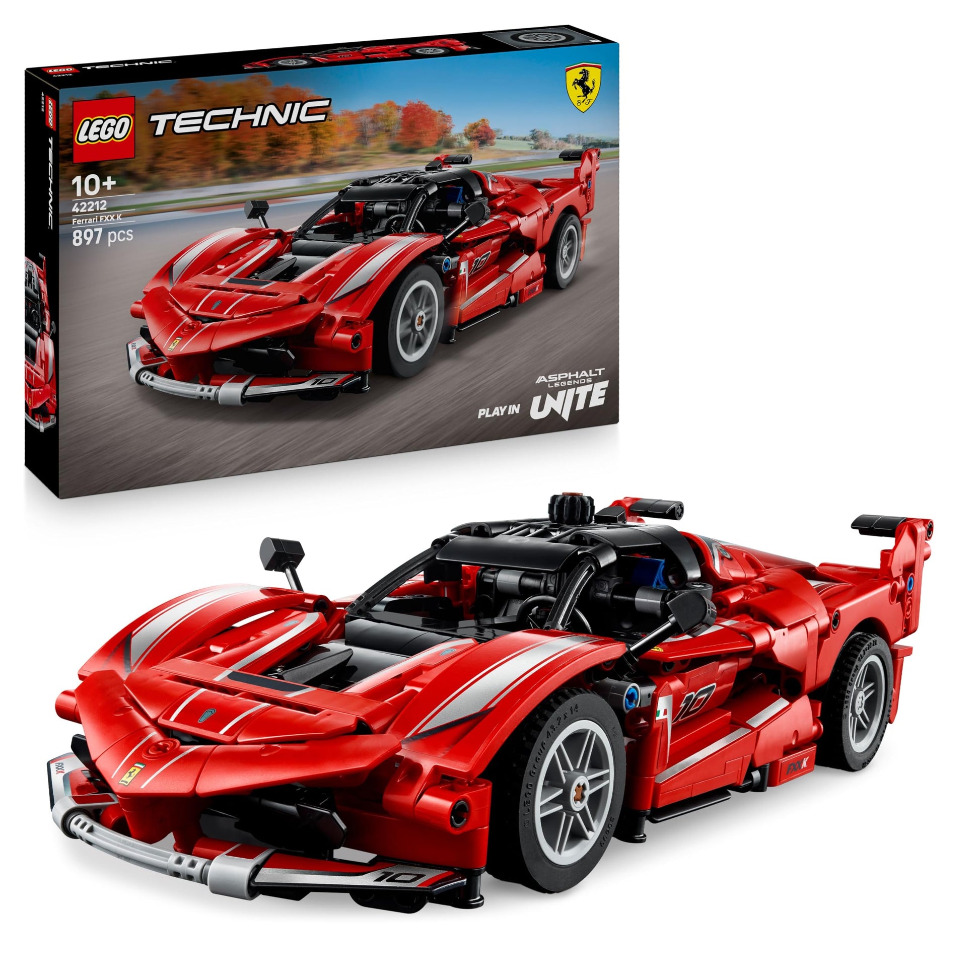 LEGO Technic Ferrari FXX K race car model with detailed V12 engine and moving pistons, ideal for display and play.