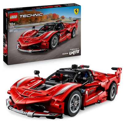 LEGO Technic Ferrari FXX K race car model with detailed V12 engine and moving pistons, ideal for display and play.