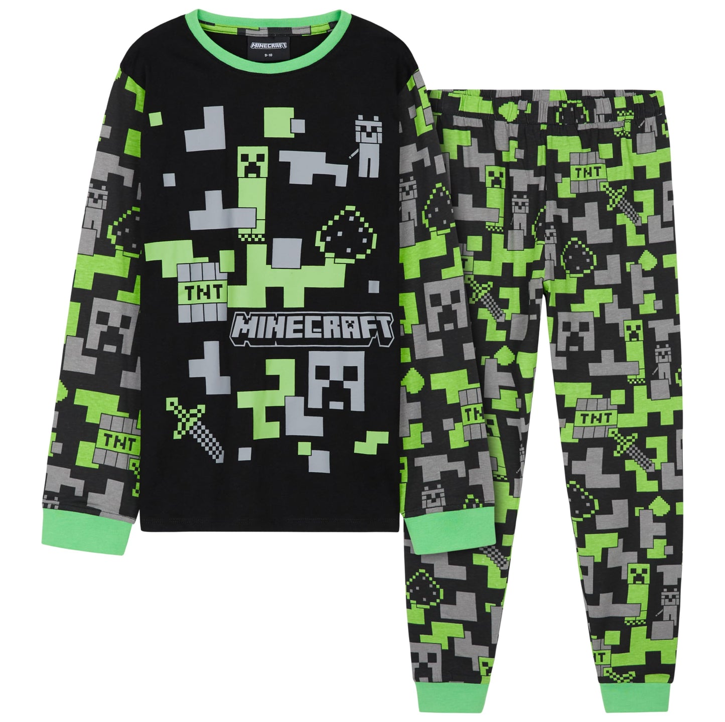 Minecraft Boys Pyjamas Set - Cotton Lounge Wear Long Top and Bottoms Teenagers Kids PJs 7-14 Years Gamer Gifts for Boys (Black/Green, 7-8 Years)