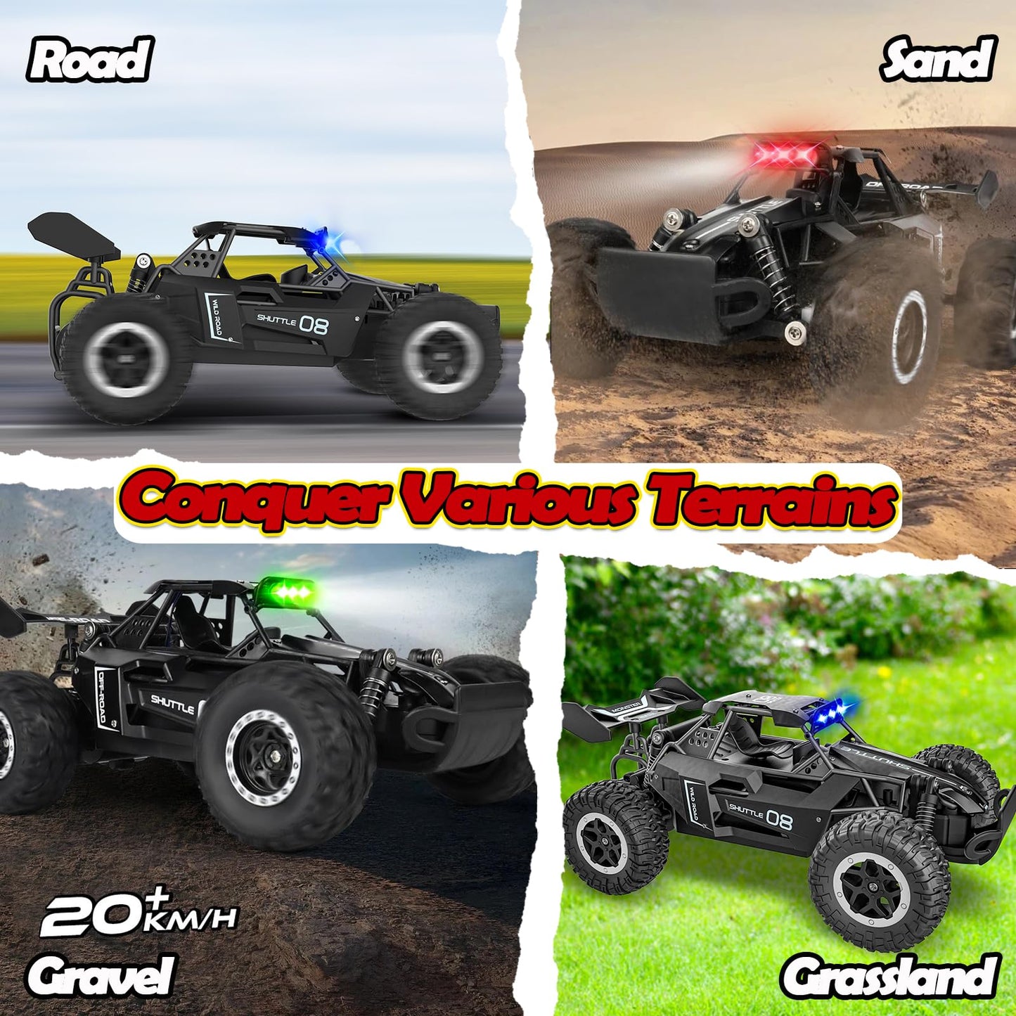 SZJJX Remote Control Car for Kids 3 4 5 6 7+, 20 KM/H High-Speed RC Cars with LED Lights, 2.4GHz 2WD Monster Truck Toys, Rechargeable RC Car, Toy Cars for Girls Boys, Christmas & Birthday Gifts–Black