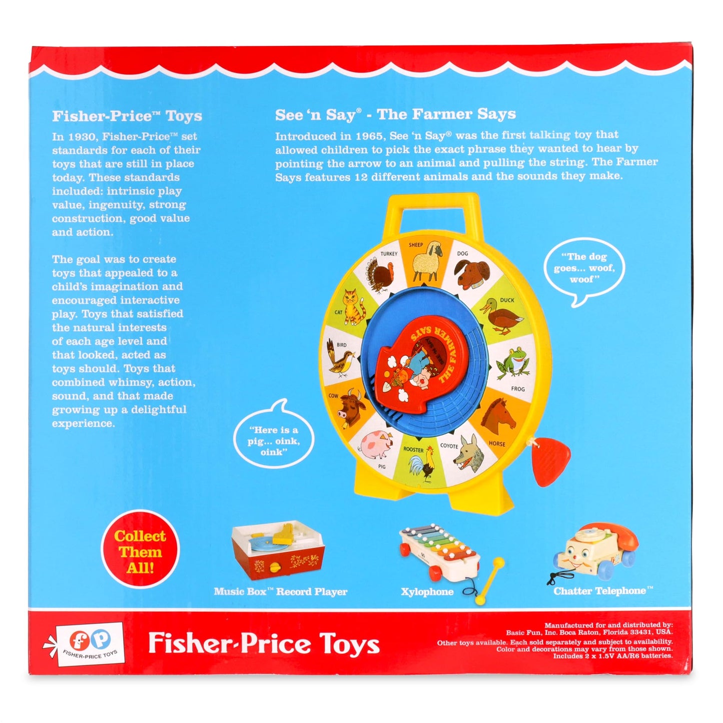 Basic Fun Fisher Price Classics See 'n Say Farmer Says Toy | Educational Talking Animal Wheel with Sounds | Retro Preschool Toy for Toddlers 18 months +