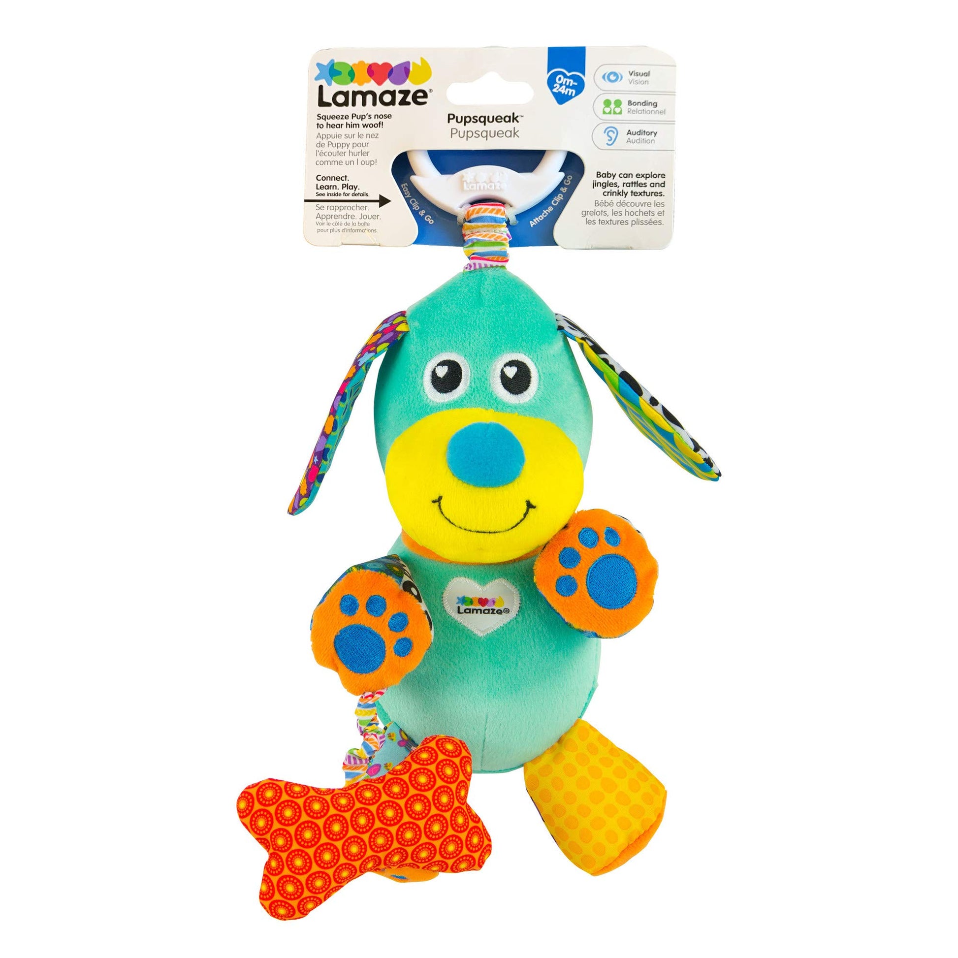 LAMAZE Pupsqueak clip-and-go pram baby toy with soft plush puppy design, ideal for sensory development in infants aged 0-6 months