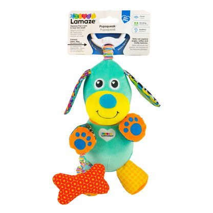 LAMAZE Pupsqueak clip-and-go pram baby toy with soft plush puppy design, ideal for sensory development in infants aged 0-6 months