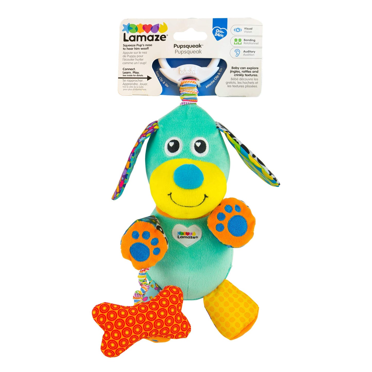 LAMAZE Pupsqueak clip and go pram baby toy with soft plush design, sensory features for newborns' development, suitable for girls and boys.