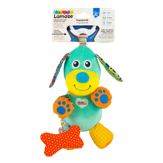 LAMAZE Pupsqueak clip and go pram baby toy with soft plush design, sensory features for newborns' development, suitable for girls and boys.