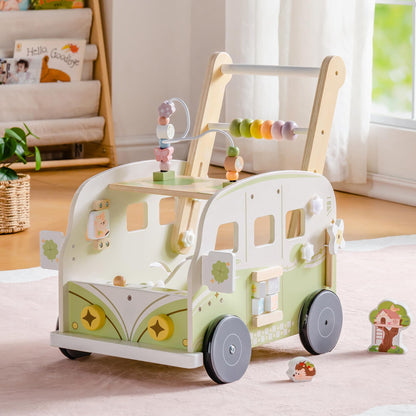 Robotime wooden baby walker with green animal design, adjustable height and speed, push along toy for toddlers 10-36 months.