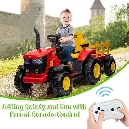 Kids Ride on Tractor with Detachable Trailer, 12V Battery Powered Electric Tractor with Remote Control, Dual Motors, Horn, Music/USB, 7 LED Lights, Ride on Toy Car for Ages 3+ (Red)