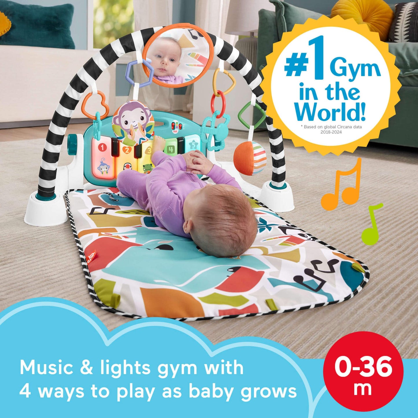 Fisher-Price Baby Activity Mat Glow and Grow Kick & Play Piano Gym in blue with colorful toys for infants and smart stages learning.