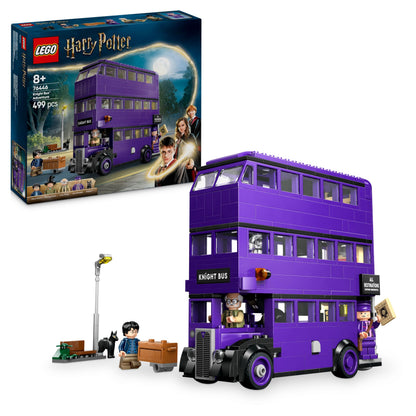 LEGO Harry Potter Knight Bus Adventure set with 5 minifigures, wands, and accessories for kids aged 8 and up.