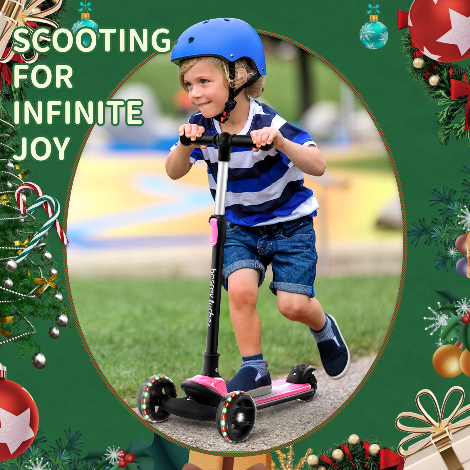 Besrey 3-wheel kids' kick scooter with LED light wheels, adjustable height, wide deck, suitable for ages 3-10 outdoor play