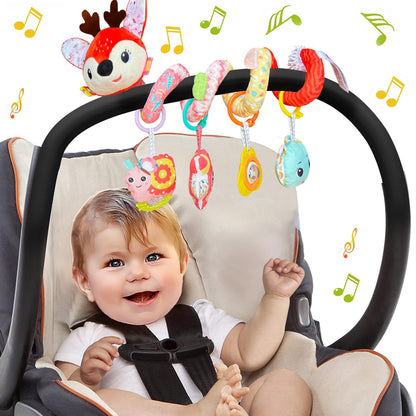 Kulveanju plush deer spiral pram toy with hanging rattle for babies, sensory toy for newborns and infants in stroller or car seat.