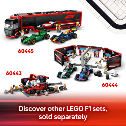 LEGO City F1 driver minifigure next to a McLaren race car in a colorful building toy set for ages 6 and up.