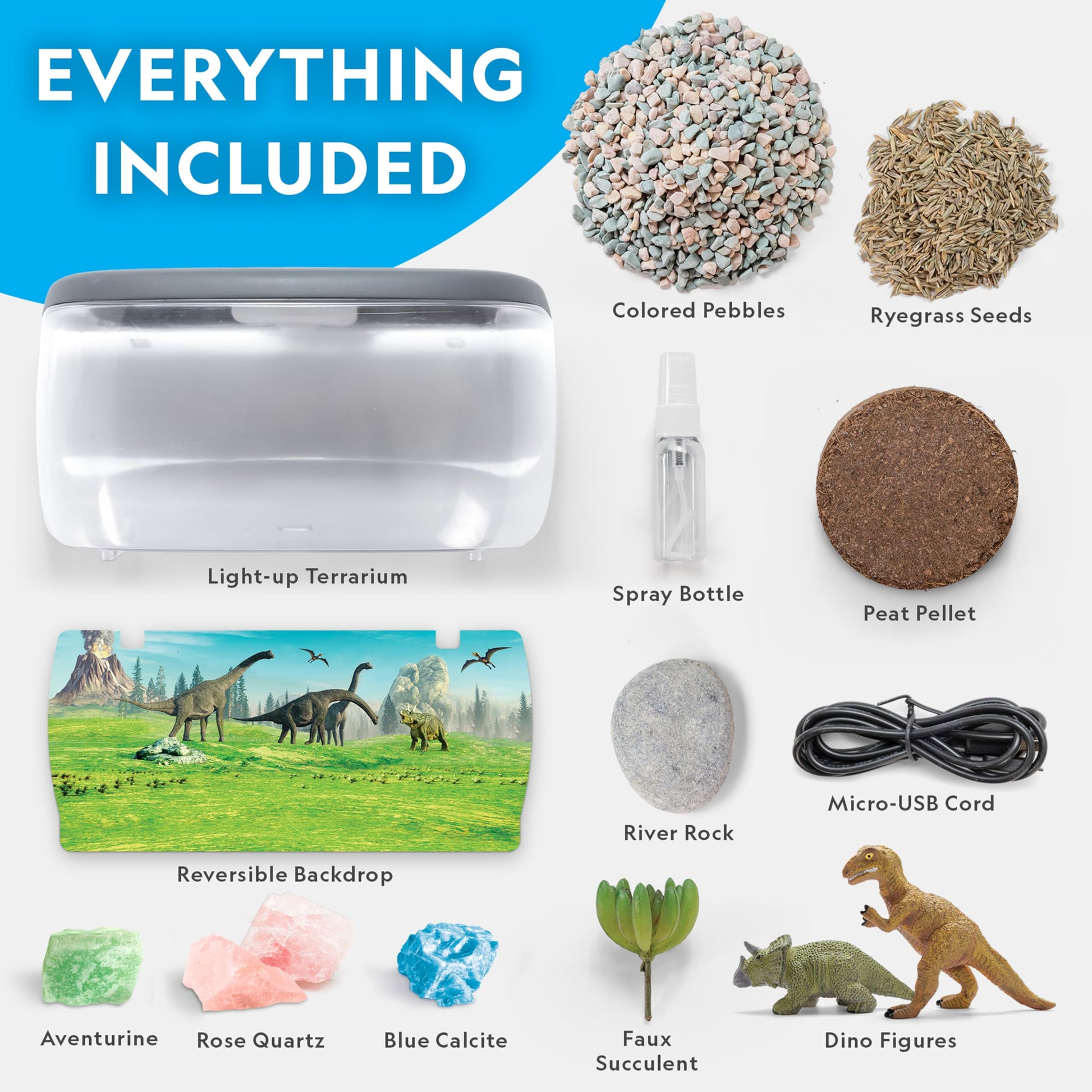 Blue Marble National Geographic light-up terrarium kit for kids with dinosaur toys, real plants, gemstones, and dinosaur habitat features.