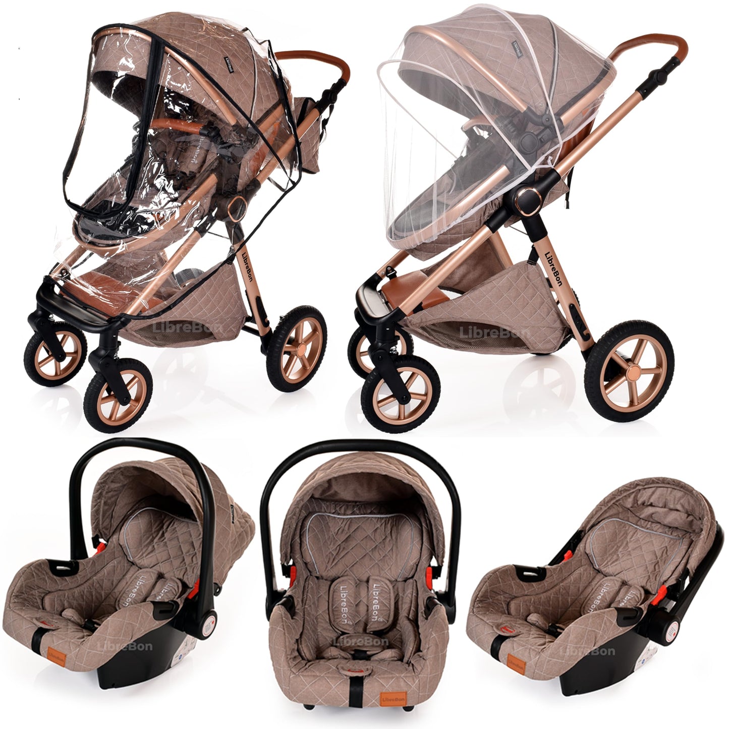 Boneelook Baby Buggy Pram Stroller 3-in-1 lightweight aluminum travel system with beige fabric and rose gold frame for newborns and toddlers.