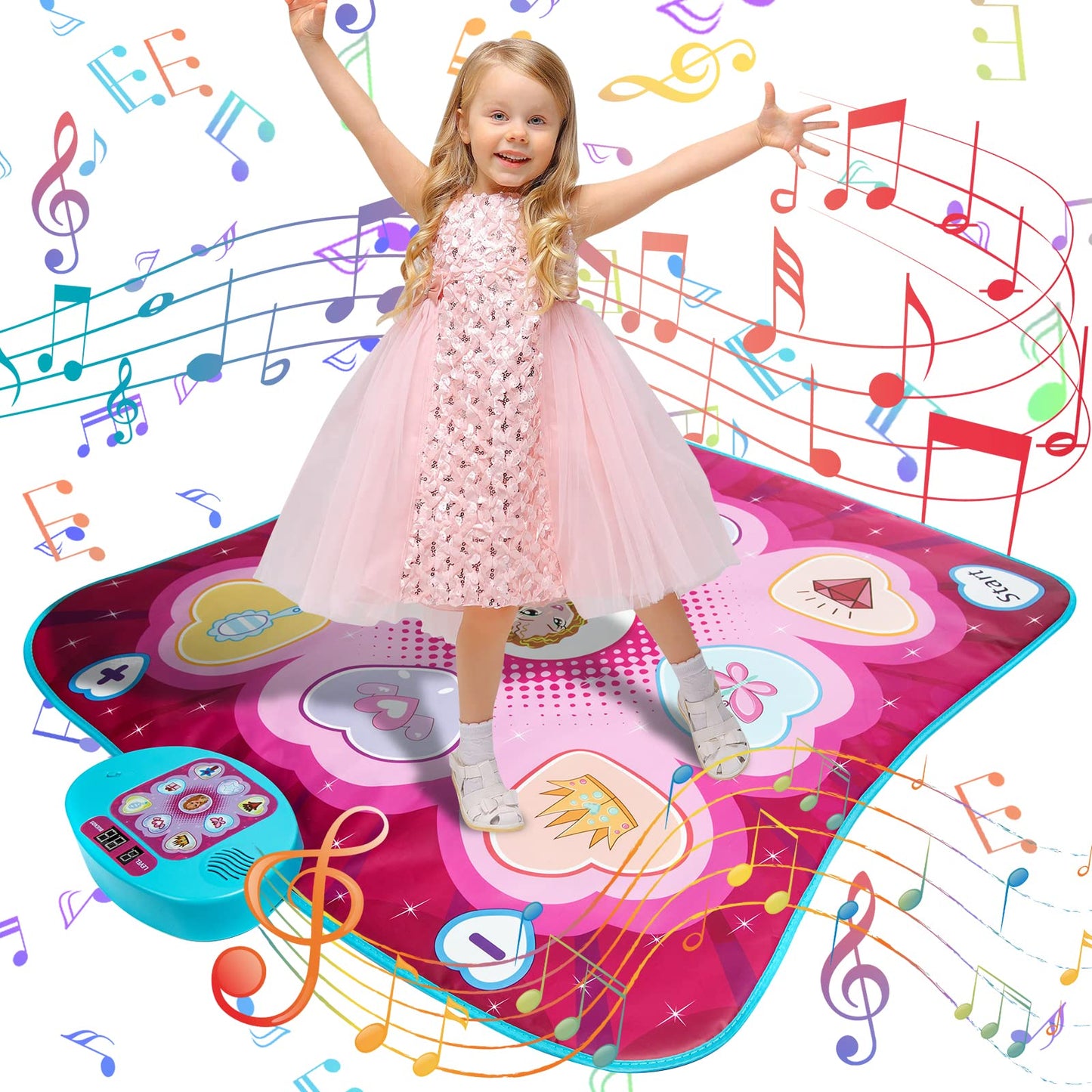 JUYOUNGA dance mat toys for girls with LED lights, multiple play modes, adjustable volume, and colorful musical dance game pad.