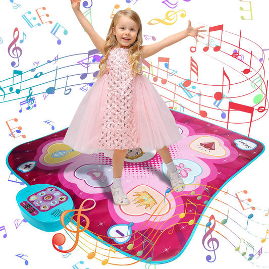 JUYOUNGA dance mat toys for girls with LED lights, multiple play modes, adjustable volume, and colorful musical dance game pad.