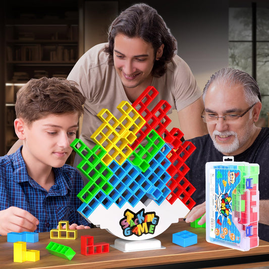 DUHLnote 48-piece stack game for adults and kids, featuring colorful tetra board tower building blocks for family and travel fun.