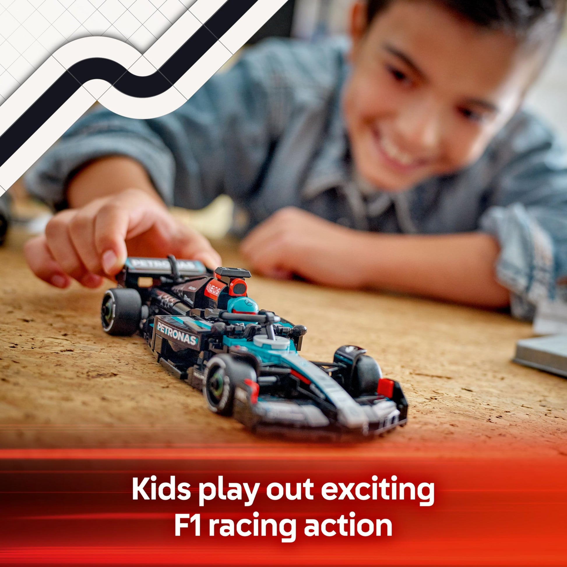 LEGO Speed Champions Mercedes-AMG F1 W15 race car model kit with collectible Formula 1 driver minifigure.