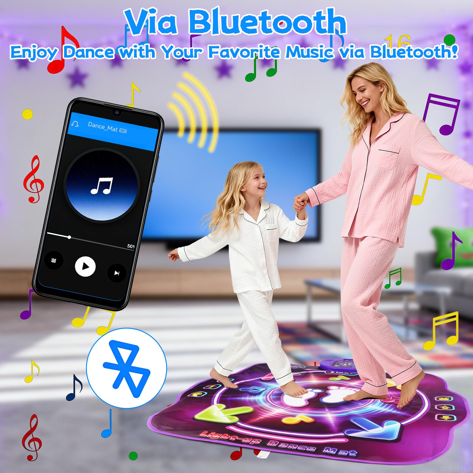 AmyBenton dance mat for kids with light-up music, wireless Bluetooth, 5 game modes, ideal for children ages 4 to 12.
