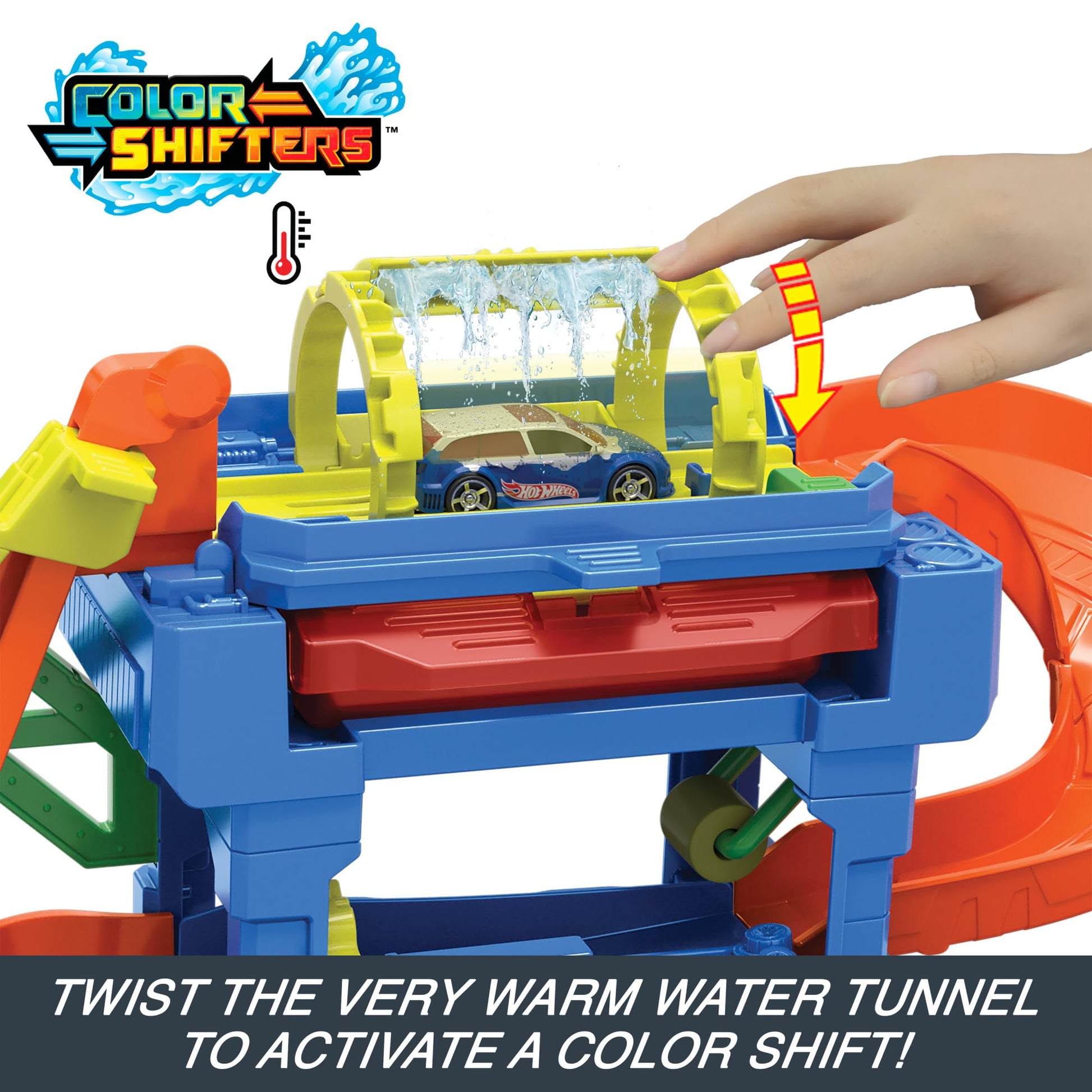 Hot Wheels Let's Race City Toy Car Track Set featuring Tunnel Twist Car Wash and Color Shifters Vehicle in 1:64 scale.
