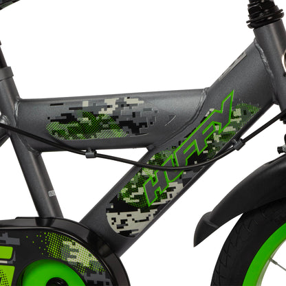 Huffy Delirium 16-Inch Boys’ Bike, Durable Steel Frame, Dual Caliper Brakes, Removable Stabilisers, Single-Speed, Kids’ Bicycle for Ages 4-6, Storm Matte Grey & Lime Green