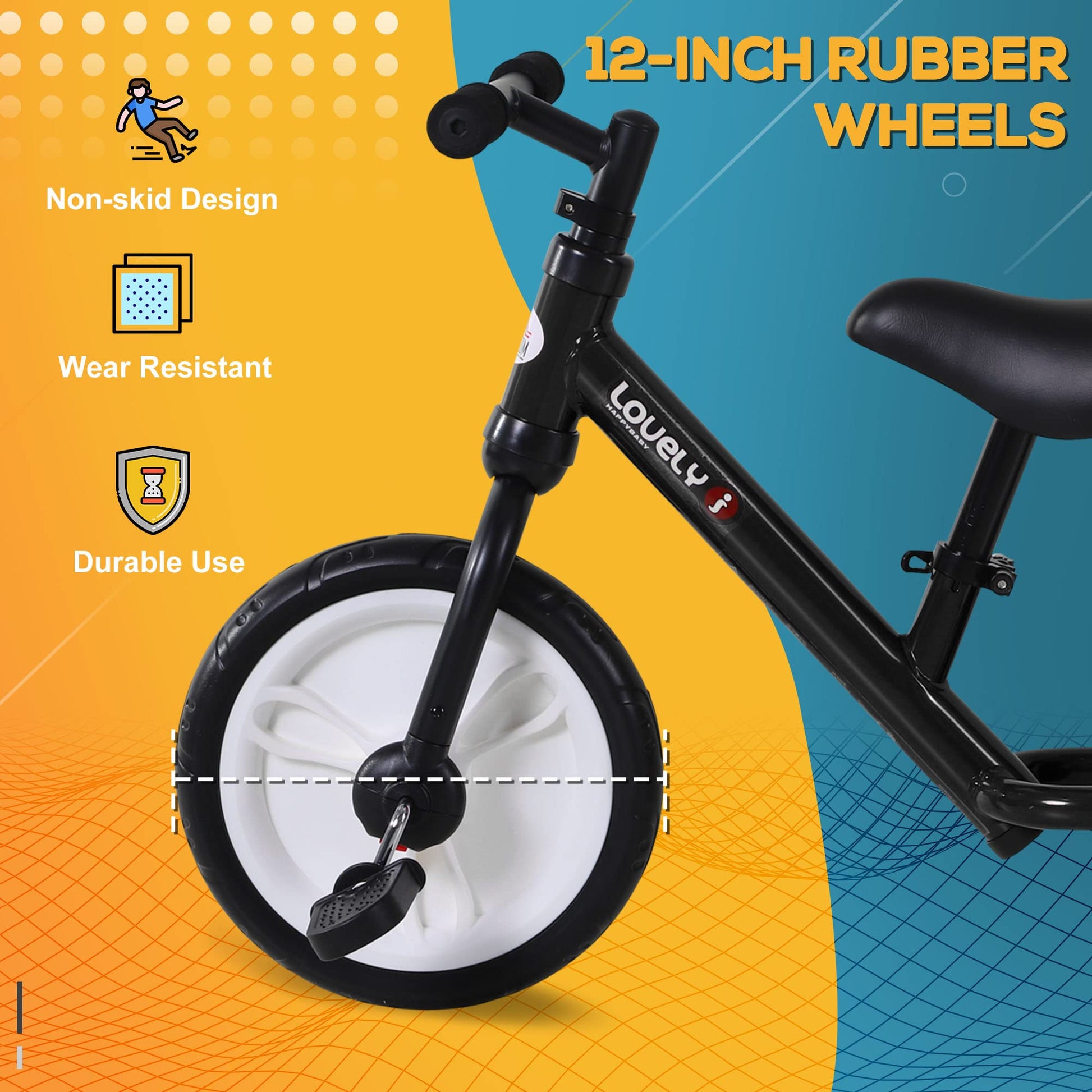 HOMCOM 11-inch kids balance bike with removable stabilizers, adjustable seat, and EVA tires for ages 2 to 5, in black.