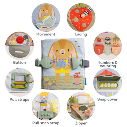 Taf Toys My First Busy Book. Baby Activity Book, Soft Cloth Touch & Feel Book for Toddlers. Montessori Busy Board. Early Learning Developmental Toy, Sensory Play. Suitable for Boys & Girls 18 months +