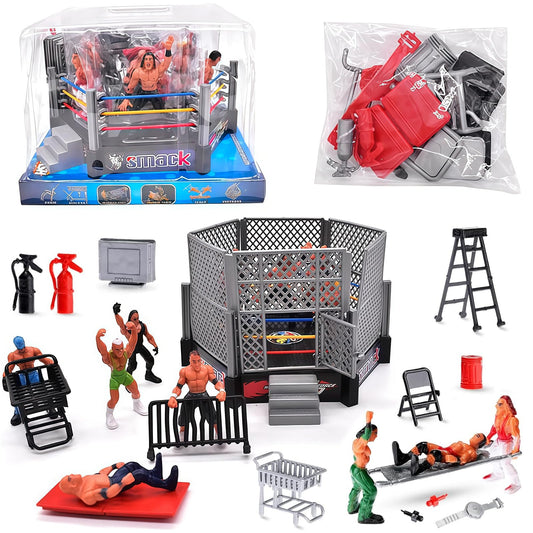 MyrkalaToy 32 Pieces Wrestling Toys Set - 12 Mini Wrestlers Action Figures With 20 Realistic Accessories - Gifts for Boys and Girls
