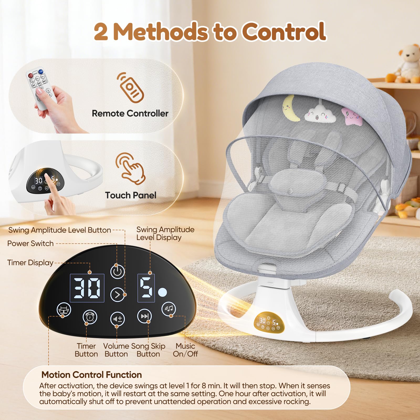 Helangel baby swing for infants to toddlers with Bluetooth music, 5-speed settings, 3-seat positions, and 5-point harness in indoor/outdoor setting.