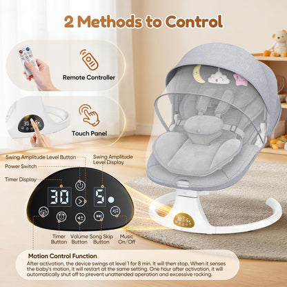 Helangel baby swing for infants to toddlers with Bluetooth music, 5-speed settings, 3-seat positions, and 5-point harness in indoor/outdoor setting.