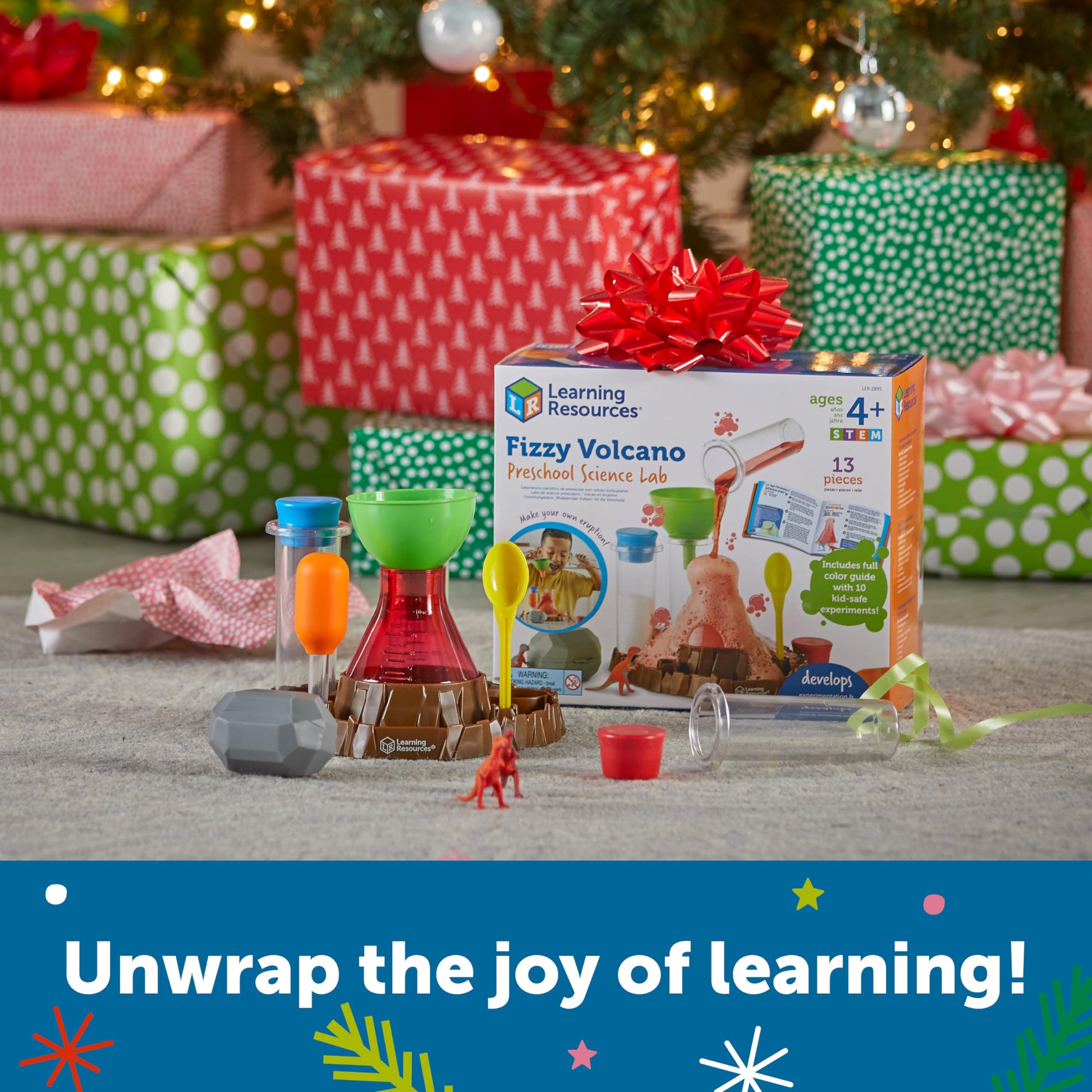Learning Resources Fizzy Volcano science lab set with 13 pieces for preschool STEM experiments, featuring foamy fizz reactions for kids.