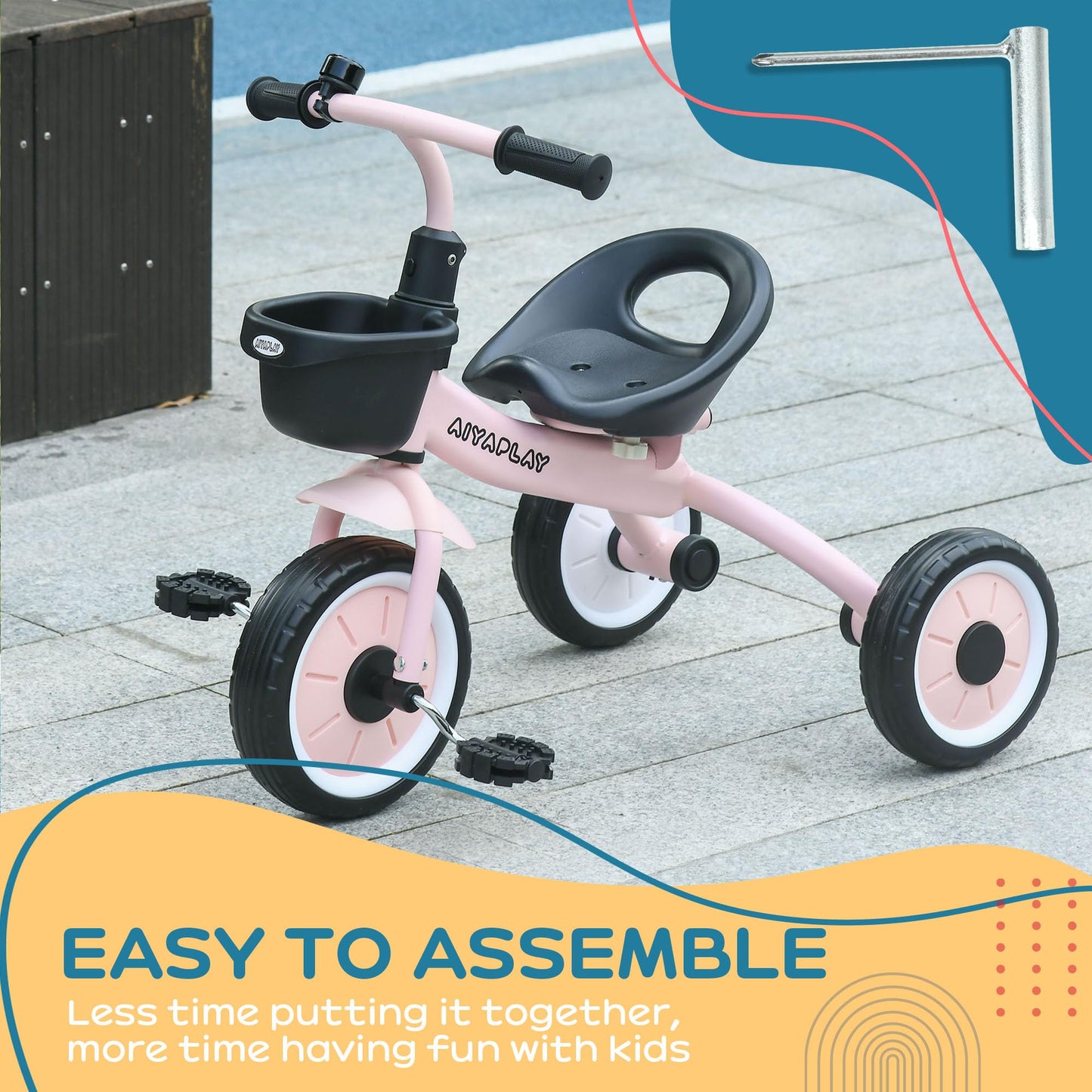 AIYAPLAY Baby Trike, Toddler Tricycle with Adjustable Seat, Basket, Bell, Kids Tricycle for 2-5 Years Old, Pink