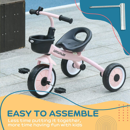 AIYAPLAY Baby Trike, Toddler Tricycle with Adjustable Seat, Basket, Bell, Kids Tricycle for 2-5 Years Old, Pink