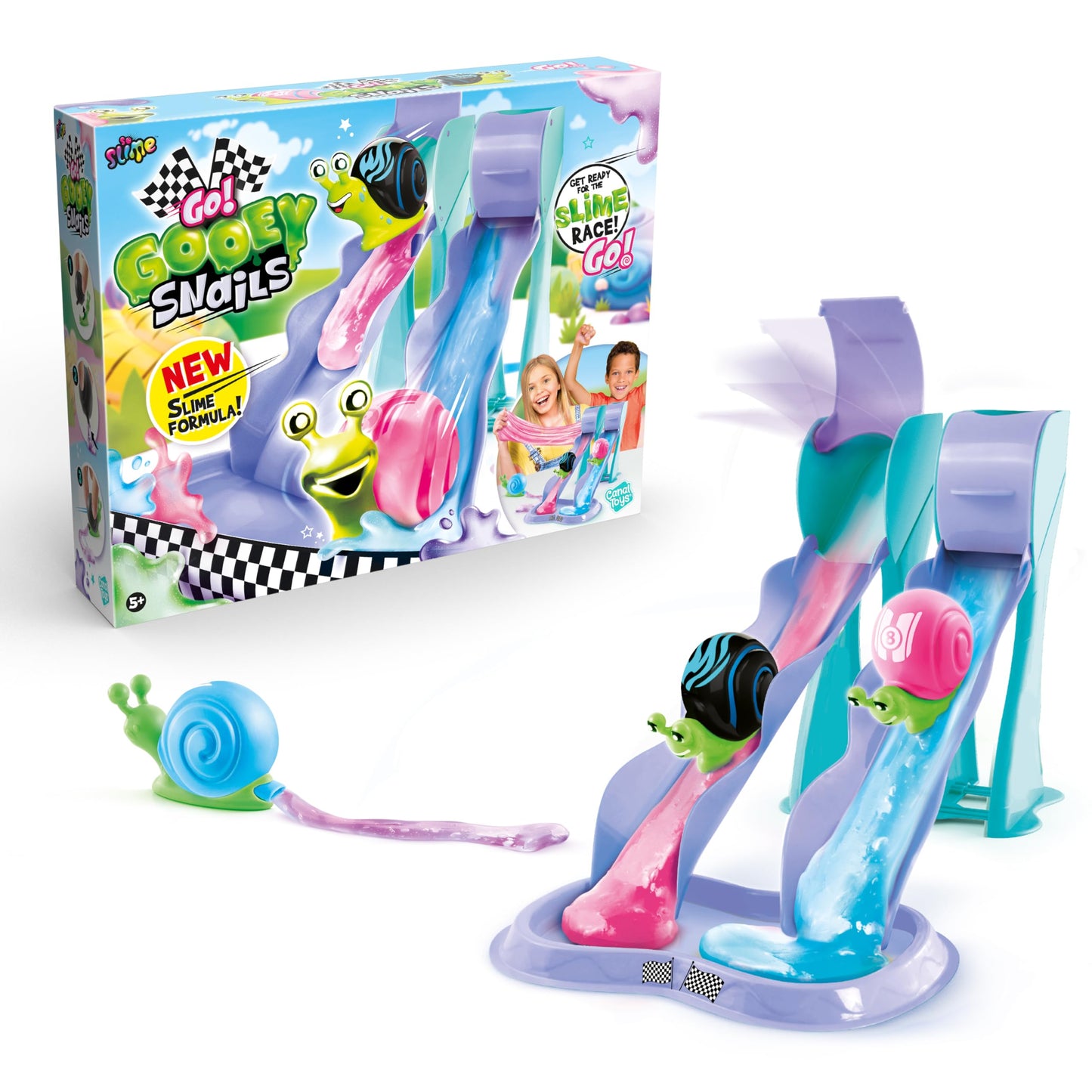 Colorful slime race set with squeezable snails and racing tracks for kids 5+ by Canal Toys, perfect for squishy racing fun.