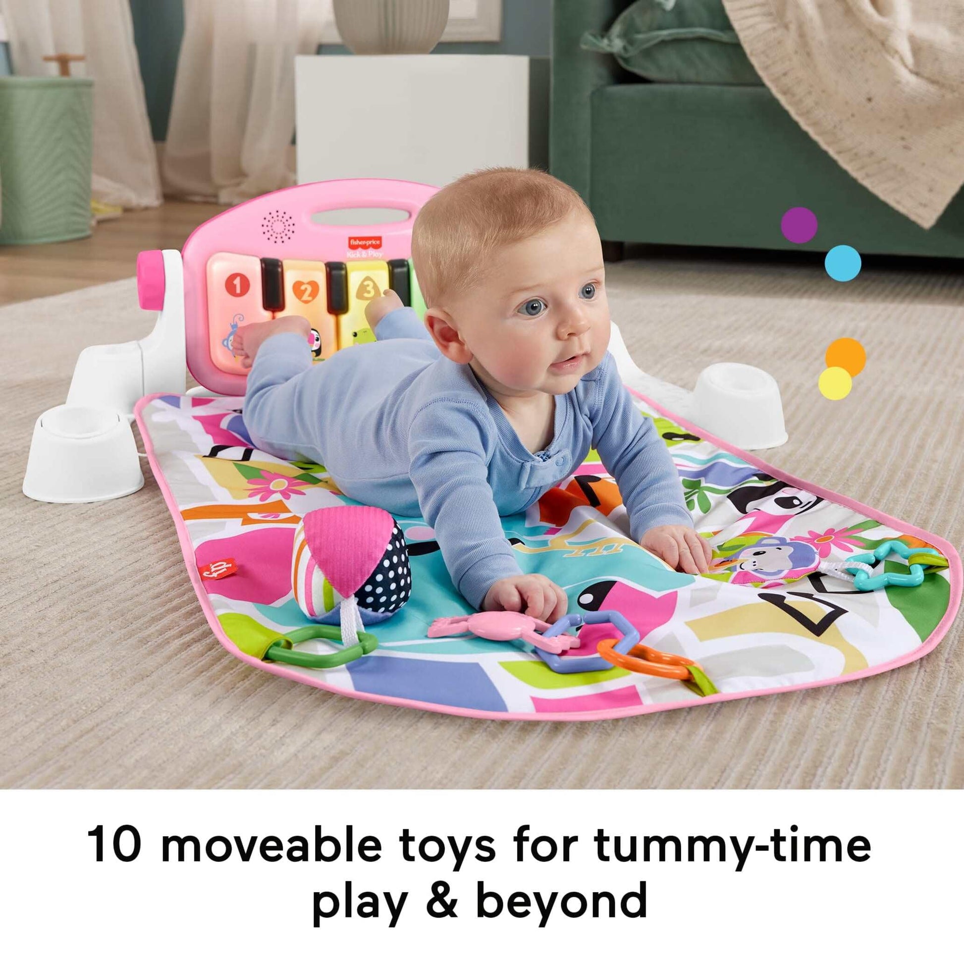 Fisher-Price Baby Activity Mat Glow and Grow Kick & Play Piano Gym in pink with colorful toys and musical piano, suitable for infants.
