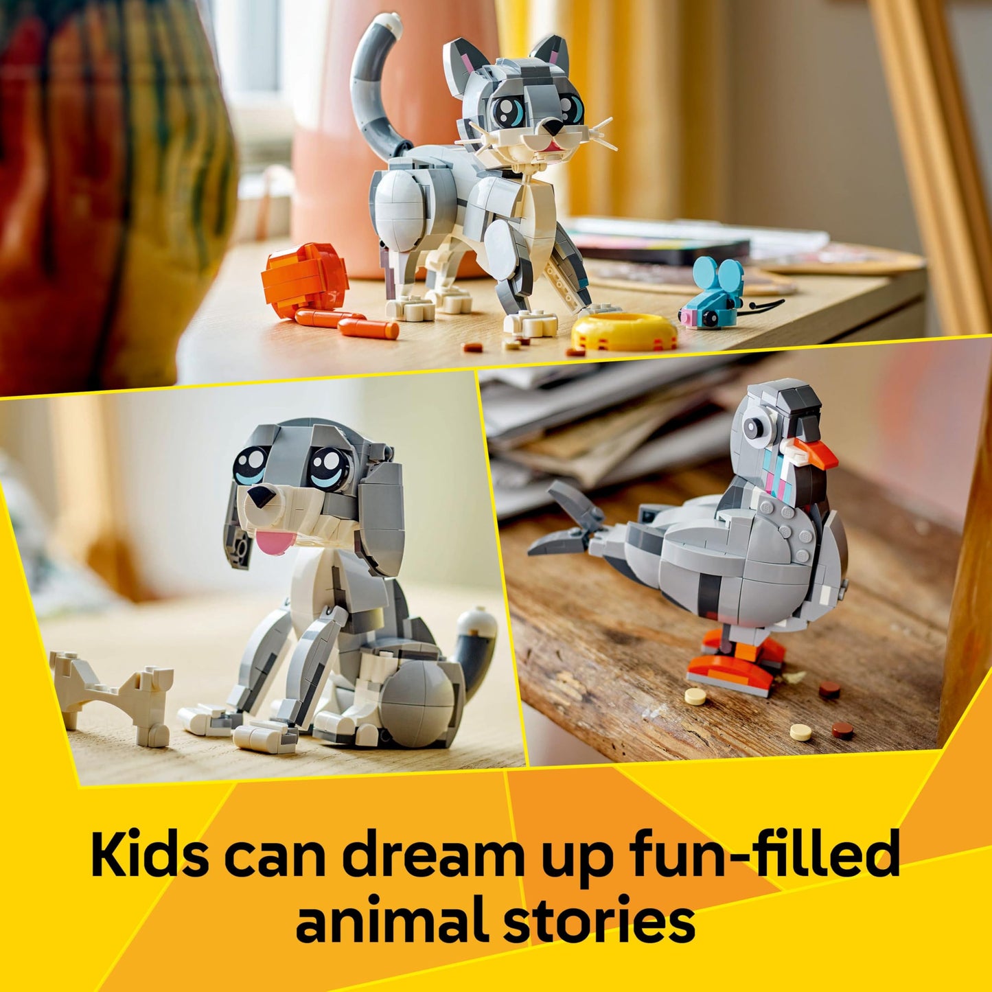 LEGO Creator 3in1 Playful Cat Toy model featuring a cat, pigeon, and dog figures in vibrant colors.