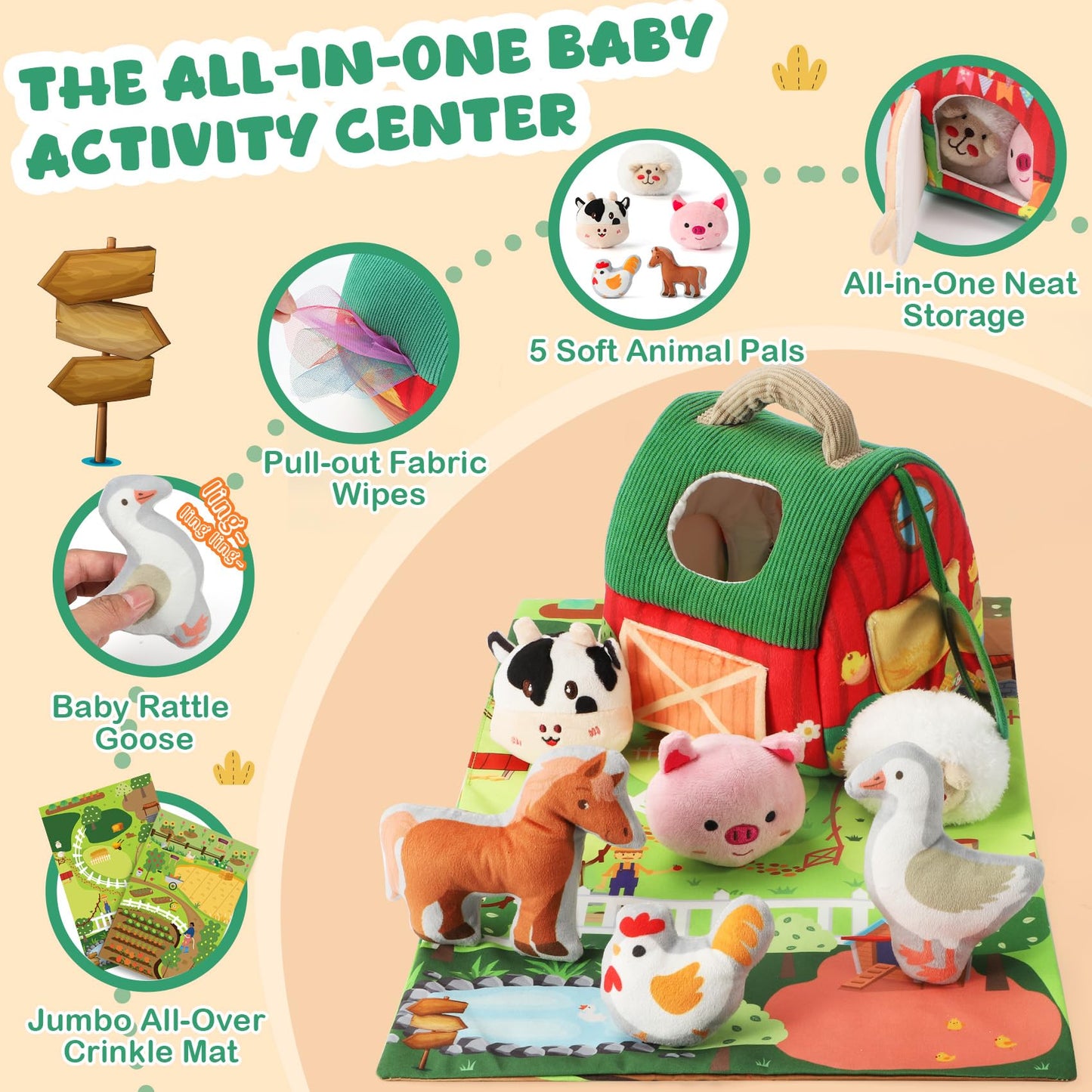 URMYWO Baby Toys 6 to12 Months Sensory Toy with Farm Animals Rattle Toys,Baby Mirror,Crinkle Paper,A Farm Mat,Montessori Toys Baby for Toddler 1-3 Year