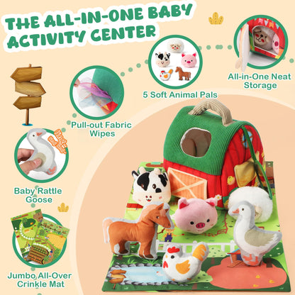 URMYWO Baby Toys 6 to12 Months Sensory Toy with Farm Animals Rattle Toys,Baby Mirror,Crinkle Paper,A Farm Mat,Montessori Toys Baby for Toddler 1-3 Year