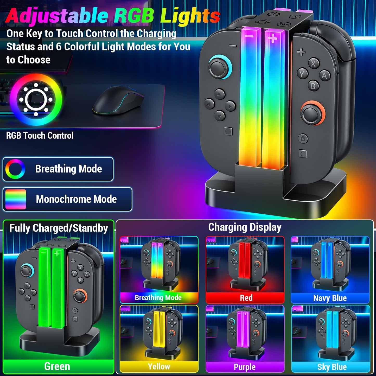 Wenocally Switch 2 Controller Charging Station Compatible with Nintendo Switch 2 for Joy-Con and OLED Model Controller with 6 RGB Light Modes and Timer Function, Charging Station Bag Storage