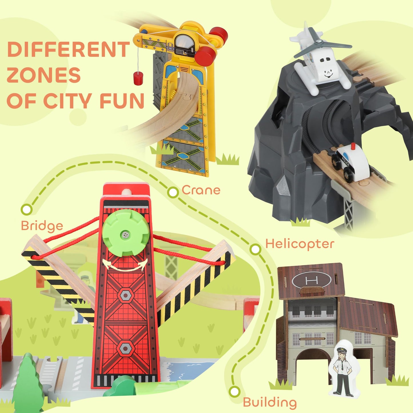 AIYAPLAY wooden train set with tracks, crane, bridge, helicopter, designed for kids 3+ years, STEM-inspired railway toy.